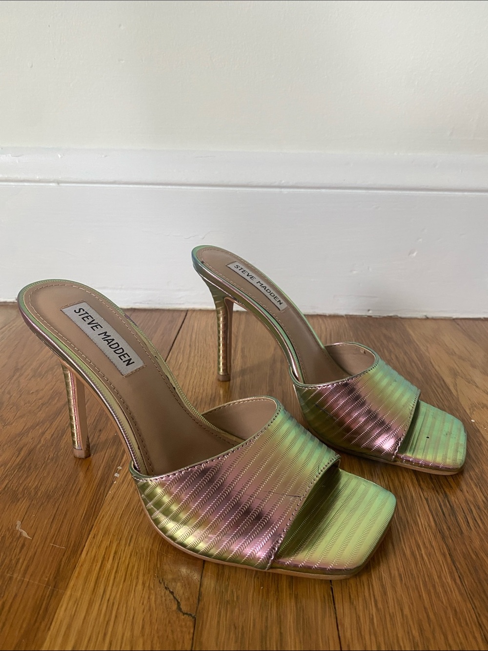 Steve Madden Iridescent Green and Pink Stiletto Slide Heels